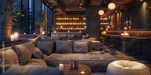 A cozy bar with comfortable couches and flickering candles