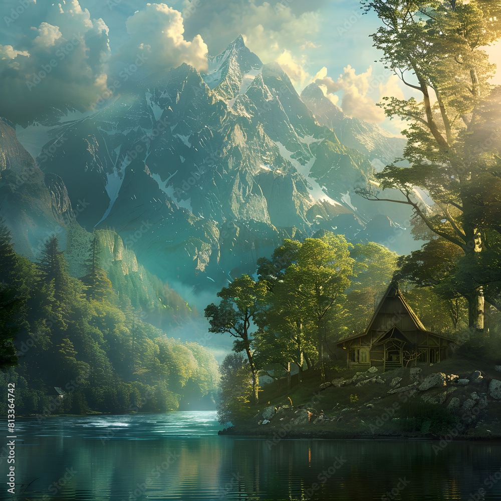 Ethereal Vista: Enchanted Forest by The Lake with Cottage and Majestic Peaks in Golden Sunset - Scene from a Fantasy Movie
