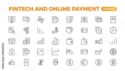 Set of fintech modern icons. Simple line art style icons pack. Vector illustration.Set outline Minimalist thin linear web icon set. vector illustration.Outline icon collection.