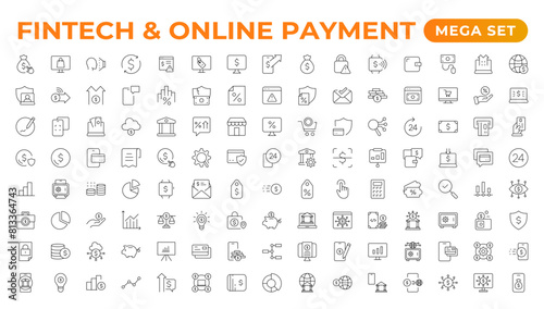 Set of fintech modern icons. Simple line art style icons pack. Vector illustration.Set outline Minimalist thin linear web icon set. vector illustration.Outline icon collection.