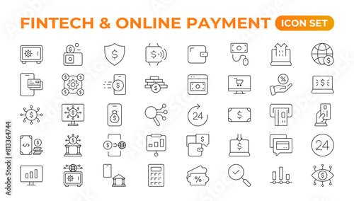 Set of fintech modern icons. Simple line art style icons pack. Vector illustration.Set outline Minimalist thin linear web icon set. vector illustration.Outline icon collection.