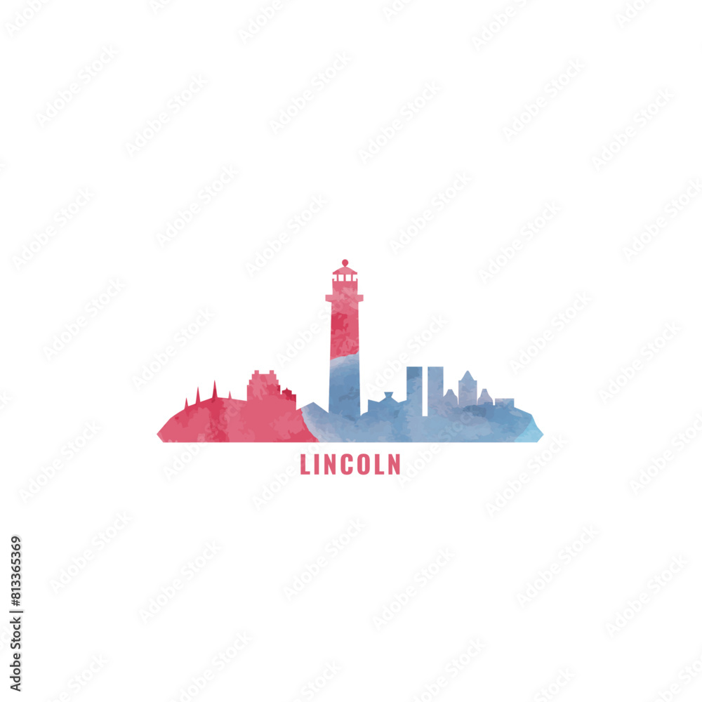 Obraz premium UK Lincoln watercolor cityscape skyline city panorama vector flat modern logo, icon. United Kingdom, England emblem concept with landmarks and building silhouettes. Isolated colorful graphic