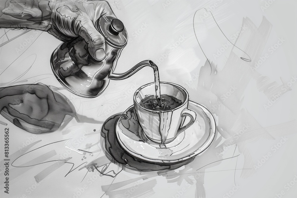 drawing with a simple pencil pouring tea from a teapot Stock ...