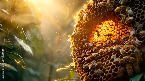 A swarm of bees works on honeycomb photo