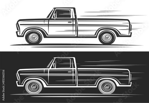 Vector logo for Pickup Truck, horizontal decorative banners with simple contour illustration of monochrome american pickup truck in moving, hand drawn big retro pickup on black and white background