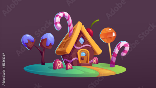 Candy land house. Sweet chocolate cartoon game set. Fantasy confectionery building with cane, lollipop and grass on island. Magic dream cookie dessert for party in fantastic candyland ui world