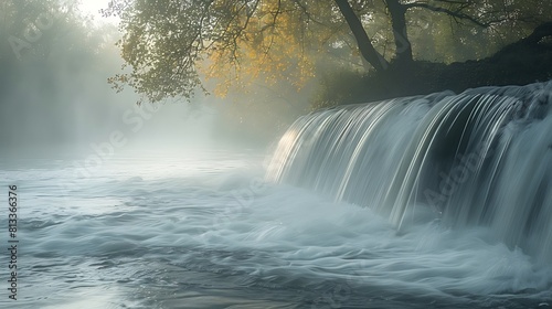 Zoom in on the cascading curtains of a waterfall, where the rushing water creates a veil of mist that blurs the edges and adds an ethereal quality to the scene.