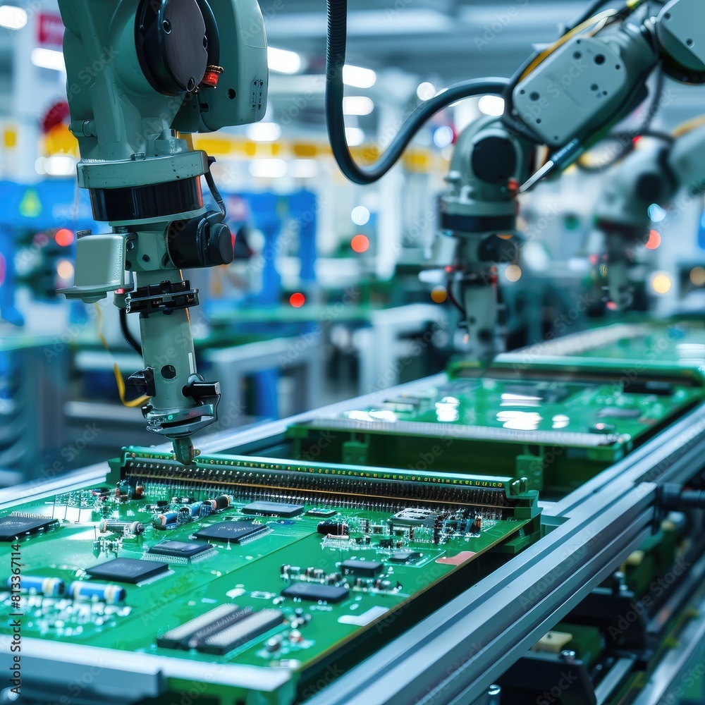 Advanced high precision robot arms on Inside modern electronics factory Advanced high precision robot arms on Inside modern electronics factory