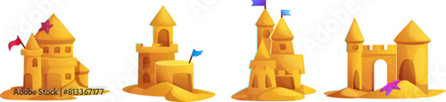 Sand castle on summer sea beach cartoon vector. Cute sandcastle isolated game icon for vacation activity. Travel sculpture with flag and starfish clipart set. Creative child palace build graphic photo