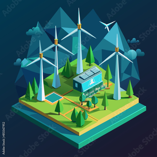  Wind turbines in a smart grid. Renewable energy network. Sustainable power distribution. Low poly vector illustration with 3D effect on environmental technology background
