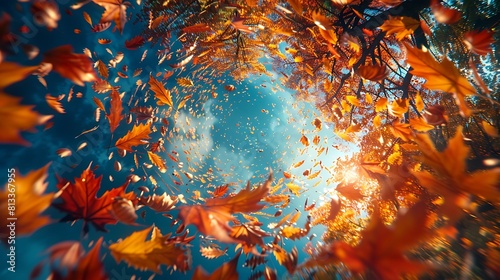 Zoom in on the swirling motion of colorful autumn leaves as they spiral through the air, their vibrant colors blending together in a mesmerizing dance against the backdrop of a clear blue sky.