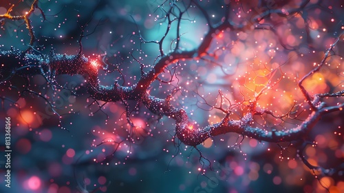 A glowing blue tree with pink and orange lights.