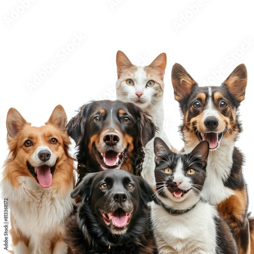 Group of Happy dogs and cats that looking at the camera together isolated on transparent background  