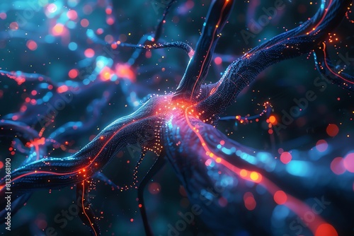 A 3D rendering of a neuron. The neuron is blue and the background is black. The neuron is surrounded by glowing red and blue particles.