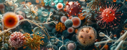 A 3D rendering of a colorful and detailed microscopic world  full of microorganisms  bacteria  and other tiny organisms.