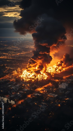 Aerial view of a large fire engulfing an industrial area, with multiple fire units responding