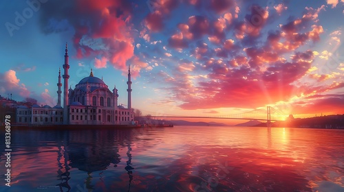 Istanbul Bosphorus panoramic photo, Istanbul landscape beautiful sunset with clouds Suleymaniye Mosque double exposure, Bosphorus Bridge, Istanbul Turkey.Best touristic destination of Istanbul photo