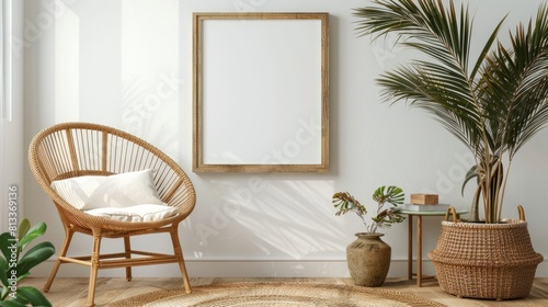 interior with wicker chair and wooden frame 