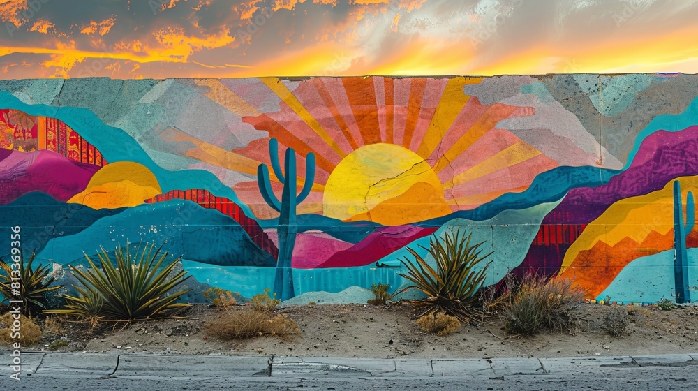 Fototapeta premium Artistic street art depicting a colorful sunset in the desert of Indio, California