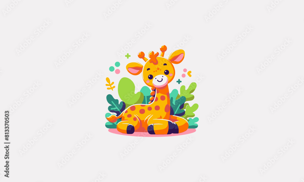 Fototapeta premium cute giraffe is sitting facing forward vector flat design
