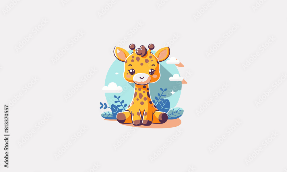 Naklejka premium cute giraffe is sitting facing forward vector flat design