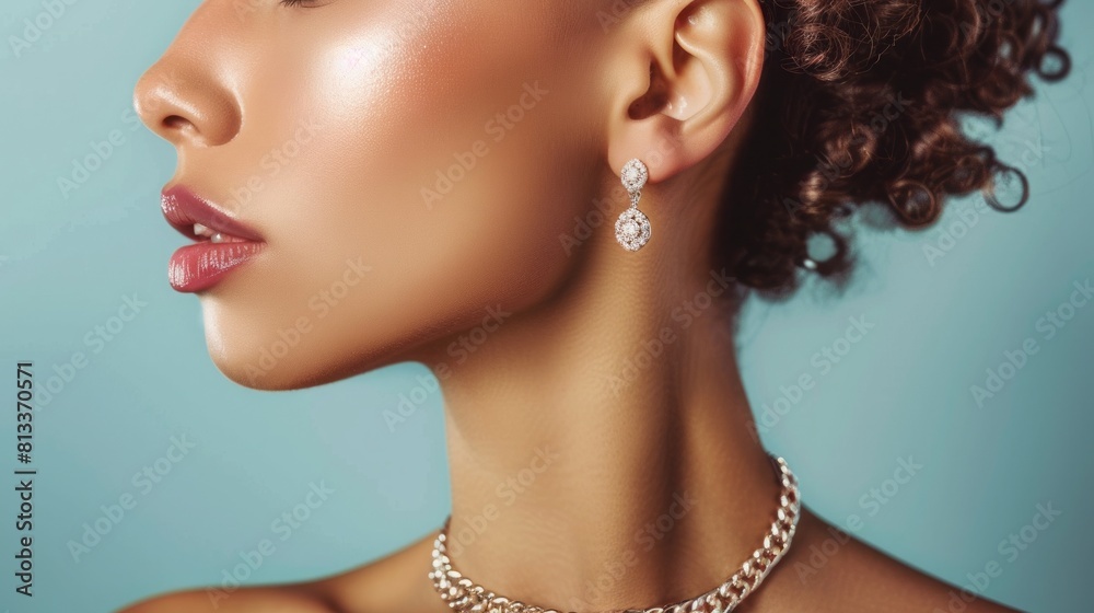 Elegant woman wearing a chain necklace on neck closeup. Mockup for necklace jewelry and earrings. Ai generated