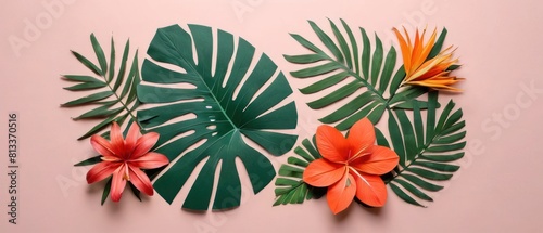 A colorful collage of paper flowers and leaves on a pink background