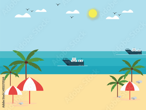 Hello summer with decoration origami hanging on blue sky background