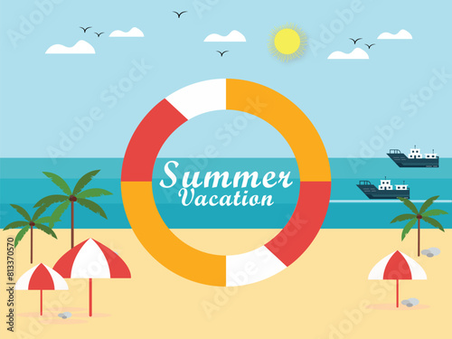 Hello summer with decoration origami hanging on blue sky background