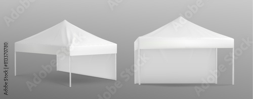 Tent mockup for exhibition event. Realistic 3d vector illustration set white marquee canopy for product presentation front and angle view. Garden gazebo for summer festival. Square pavilion template
