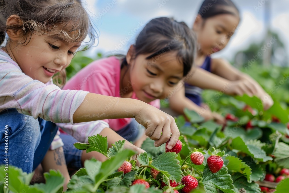 Happy children pick strawberries in a sunny field, representing childhood, agriculture, and healthful outdoor activities Happy children pick strawberries in a sunny field, representing childhood, agriculture, and healthful outdoor activities