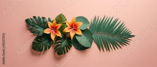 A colorful collage of paper flowers and leaves on a pink background