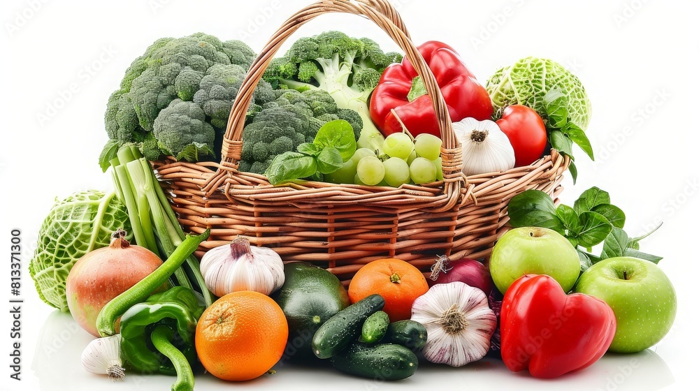 Assorted organic vegetables and fruits in wicker basket isolated on white background. generative ai Assorted organic vegetables and fruits in wicker basket isolated on white background. generative ai