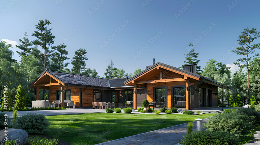 3d rendering of modern cozy house with pool and parking for sale or rent in luxurious style and beautiful landscaping on background. Clear summer evening with many stars on the sky.
3d rendering of modern cozy house with pool and parking for sale or rent in luxurious style and beautiful landscaping on background. Clear summer evening with many stars on the sky.