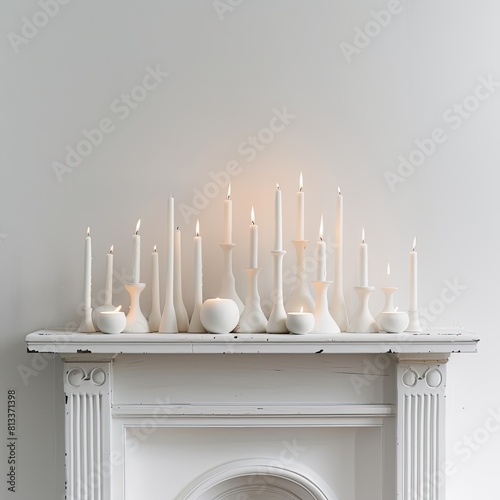 A stunning display of a sp mantle with minimalistic taper candles adding a touch of warmth and ambiance isolated on white background  photo
