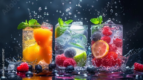 Three refreshing fruit drinks with splashes and floating ice  decorated with fresh mint and berries on a dark background