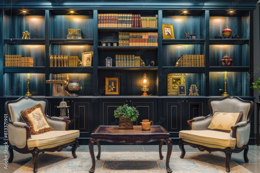 A large and luxury home book library, table and chairs in front of the books shelves, bookshelf A large and luxury home book library, table and chairs in front of the books shelves, bookshelf