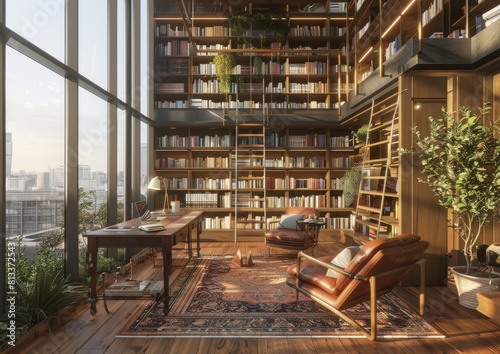 A large and luxury home book library  table and chair in front of the books shelves  bookshelf