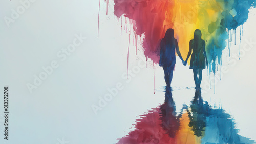Rainbow watercolor of 2 women holding hands for pride equality celebration