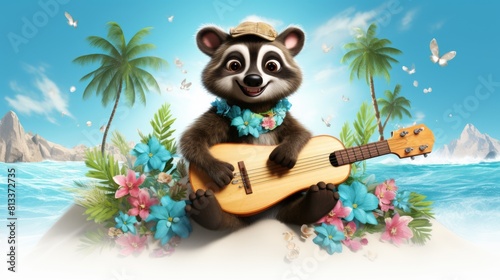 Hawaiian Surfer Raccoon With Surfboard And Lei Flower - Generative AI