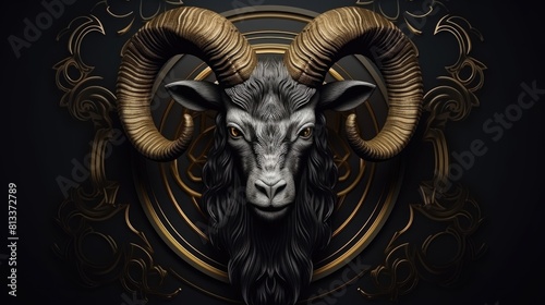 Head Of Ram Goat With Horns Black Abstract Logo - Generative AI