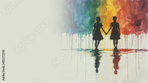 Rainbow watercolor of 2 women holding hands for pride equality celebration