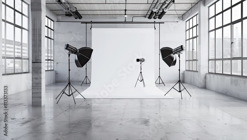 A large and white simple photo studio with lights, film studio with technical equipment. Creative workshop of the photographer.