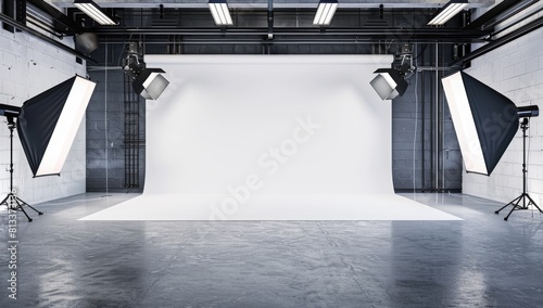 A large and white simple photo studio with lights, film studio with technical equipment. Creative workshop of the photographer. photo