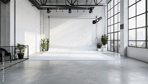 A large and white simple photo studio with lights, film studio with technical equipment. Creative workshop of the photographer.