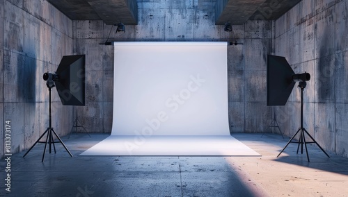 A large and white simple photo studio with lights, film studio with technical equipment. Creative workshop of the photographer.