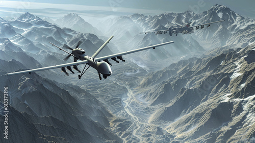 A digital rendering of military drones conducting reconnaissance missions over rugged mountain terrain, demonstrating the use of unmanned aerial vehicles for surveillance and intelligence gathering.