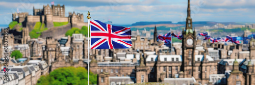 the flag of Great Britain on the background of the city of Edinburgh. Fringe Arts Festival in Edinburgh