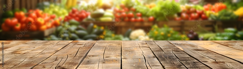 Organic grocery store setting with empty wooden pedestal and colorful fruits and vegetables in background, offering an ideal display space for healthful and vegetarian items Organic grocery store setting with empty wooden pedestal and colorful fruits and vegetables in background, offering an ideal display space for healthful and vegetarian items
