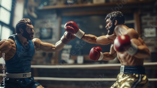 Dynamic action shot as one matchstick boxer delivers a powerful uppercut to the other